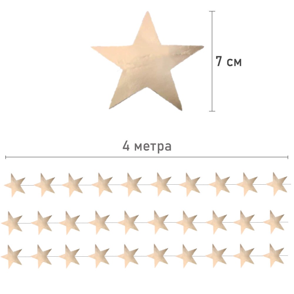 Гирлянда Звезды металик 7 см 4 м золото